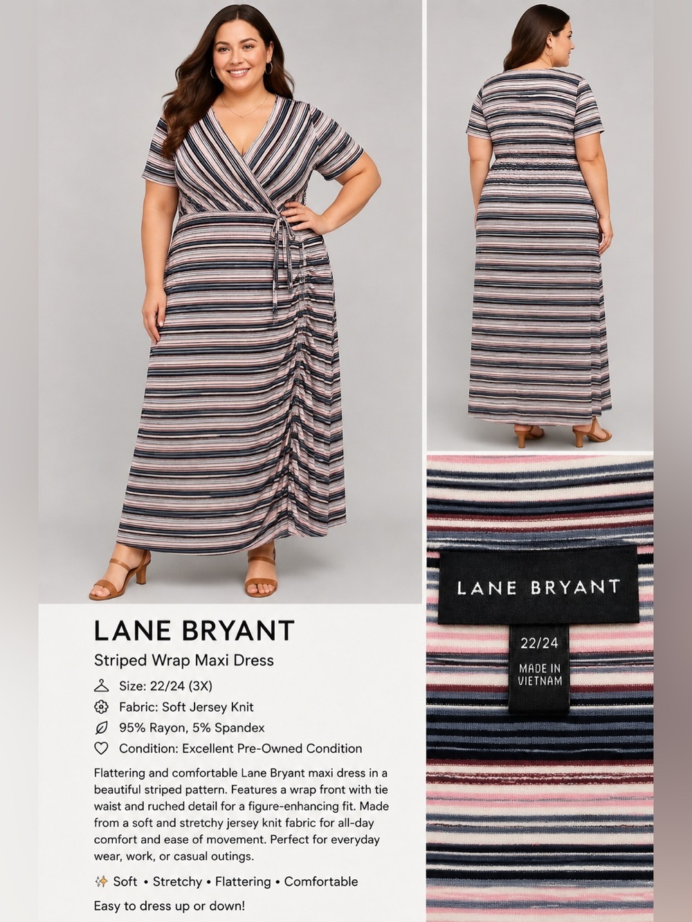 Lane Bryant Striped Faux Wrap Maxi Dress 22/24 (3X) Ruched Side Soft Jersey